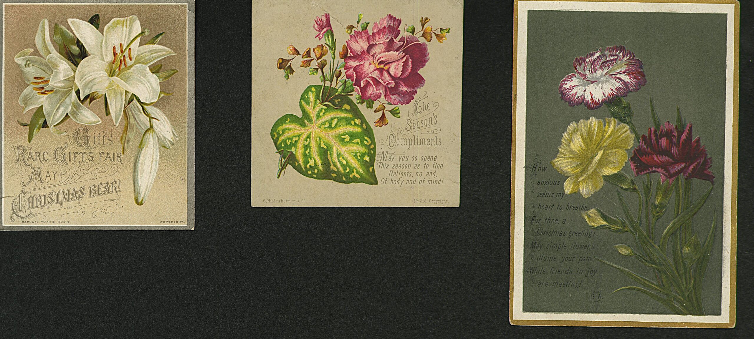 Three colourful Victorian Christmas cards with floral designs and poems.